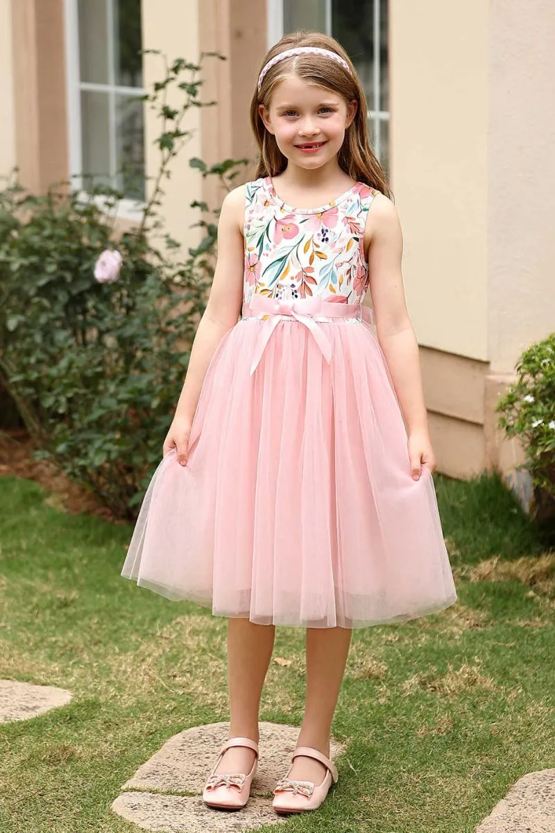 A-Line Midi Print Tulle Flower Girl Dress CF0368 sold by Cocomelody