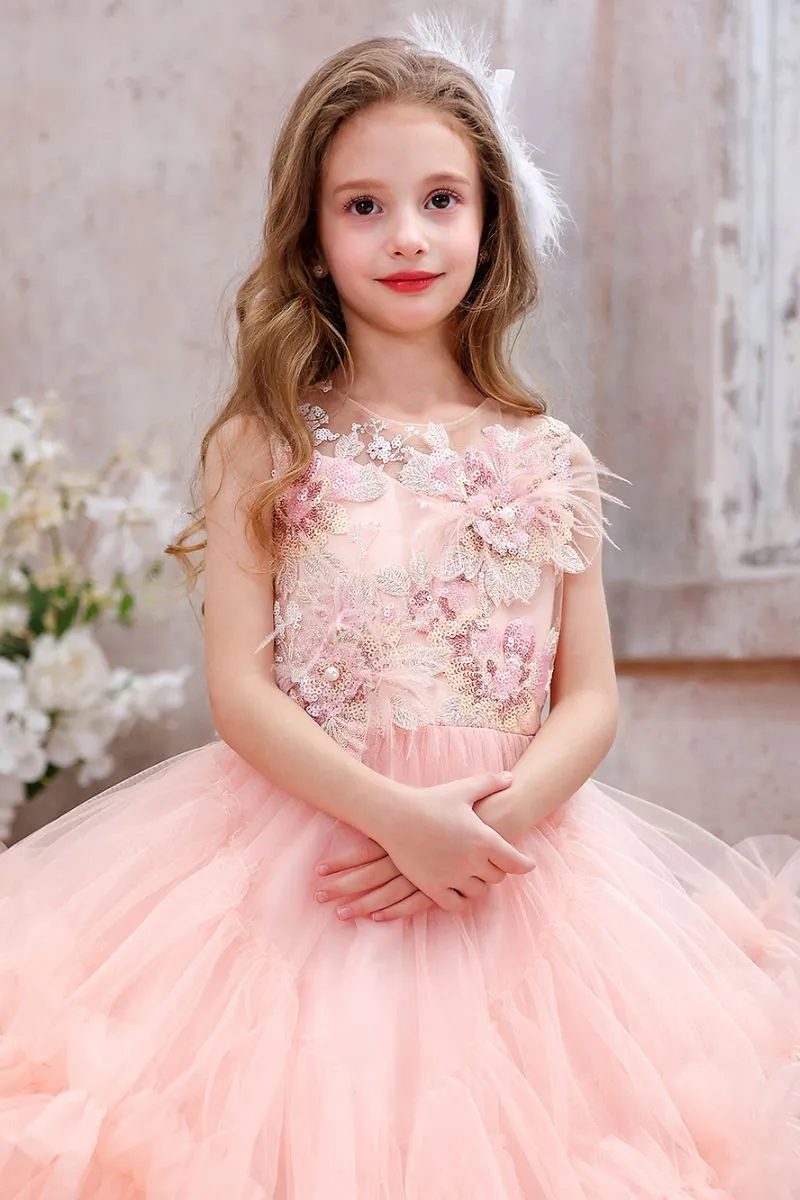 Ball Gown Sweep-Brush Train Tulle Flower Girl Dress CF0354 sold by Cocomelody product image thumbnail 4