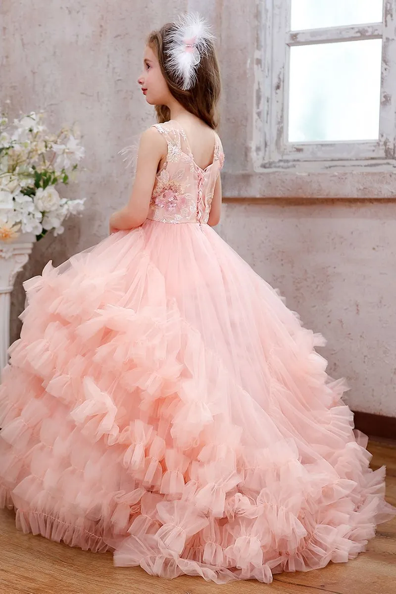Ball Gown Sweep-Brush Train Tulle Flower Girl Dress CF0354 sold by Cocomelody product image thumbnail 2