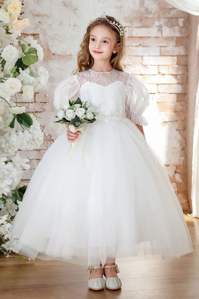 A-Line Midi Tulle Lace Flower Girl Dress CF0351 sold by Cocomelody