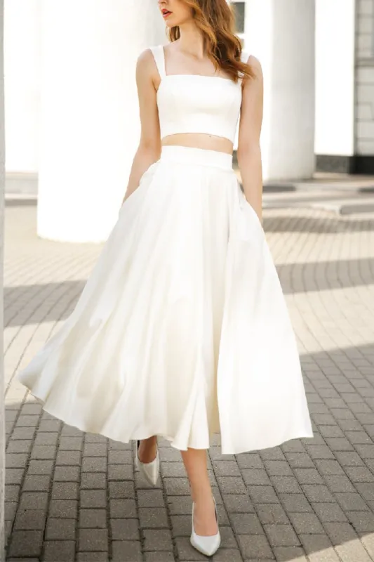 A-Line Tea Length Satin Little White Dress 100062 sold by Cocomelody