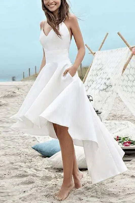 A-Line High-Low Satin Little White Dress 100059 sold by Cocomelody