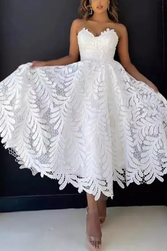 A-Line Tea Length Lace Little White Dress 100060 sold by Cocomelody