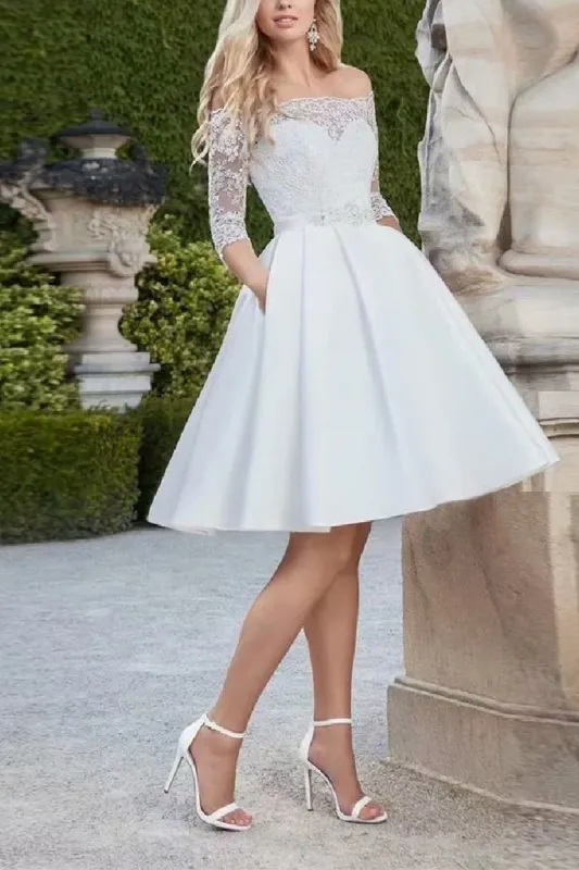 A-Line Knee Length Lace Satin Little White Dress 100055 sold by Cocomelody