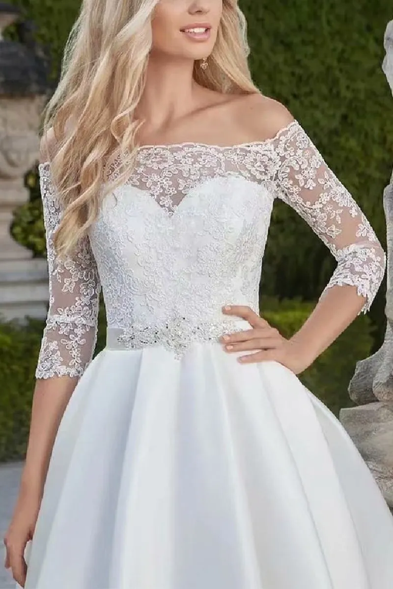 A-Line Knee Length Lace Satin Little White Dress 100055 sold by Cocomelody product image thumbnail 3