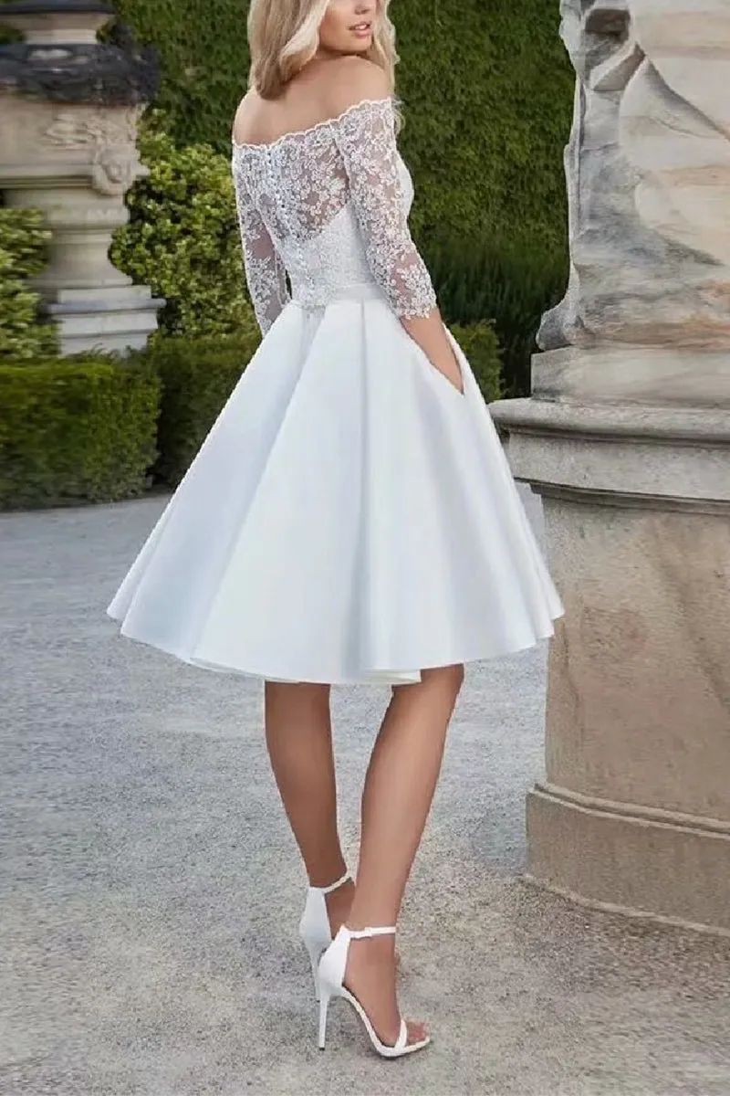 A-Line Knee Length Lace Satin Little White Dress 100055 sold by Cocomelody product image thumbnail 2