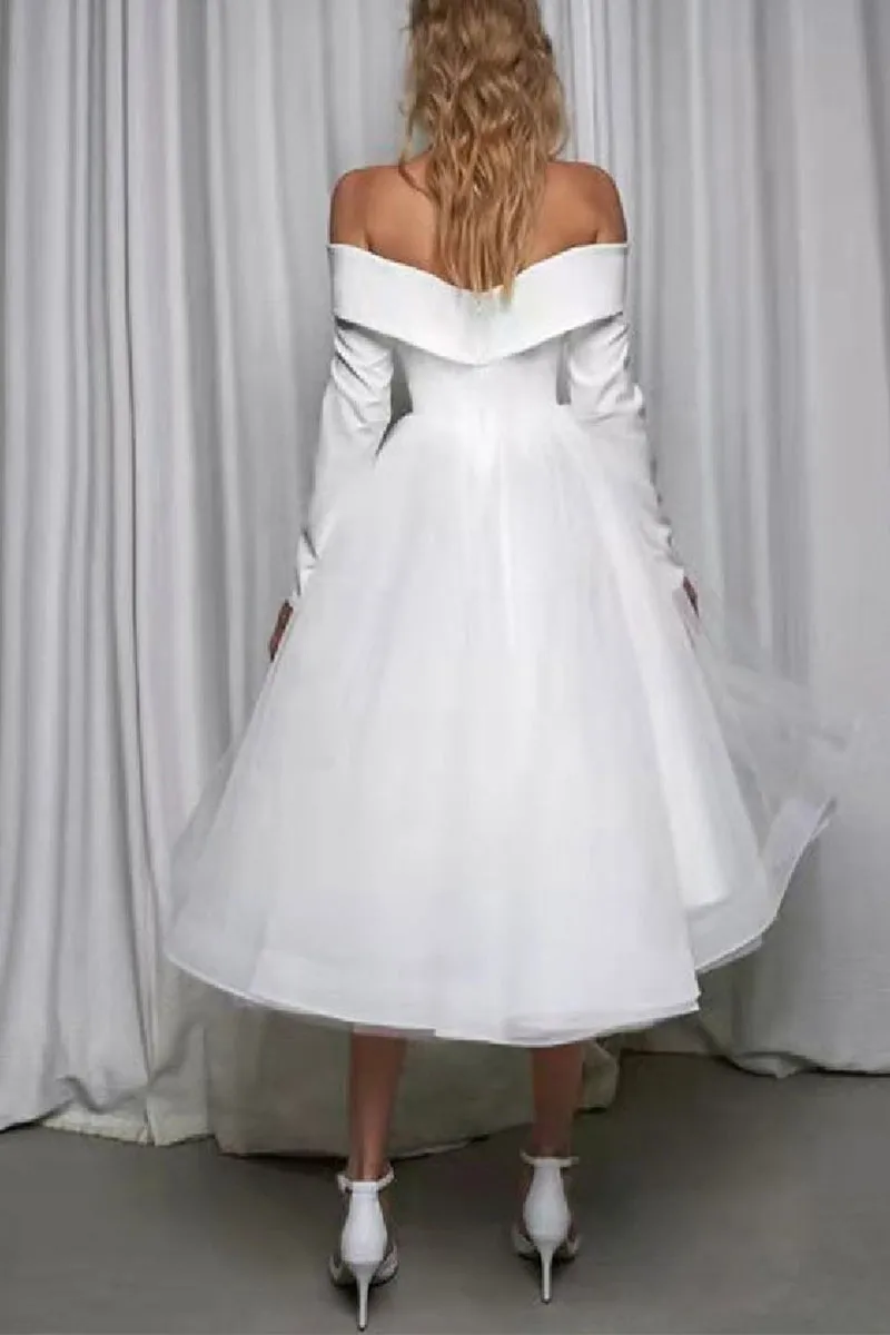 A-Line Tea Length Satin Tulle Little White Dress 100056 sold by Cocomelody product image thumbnail 2