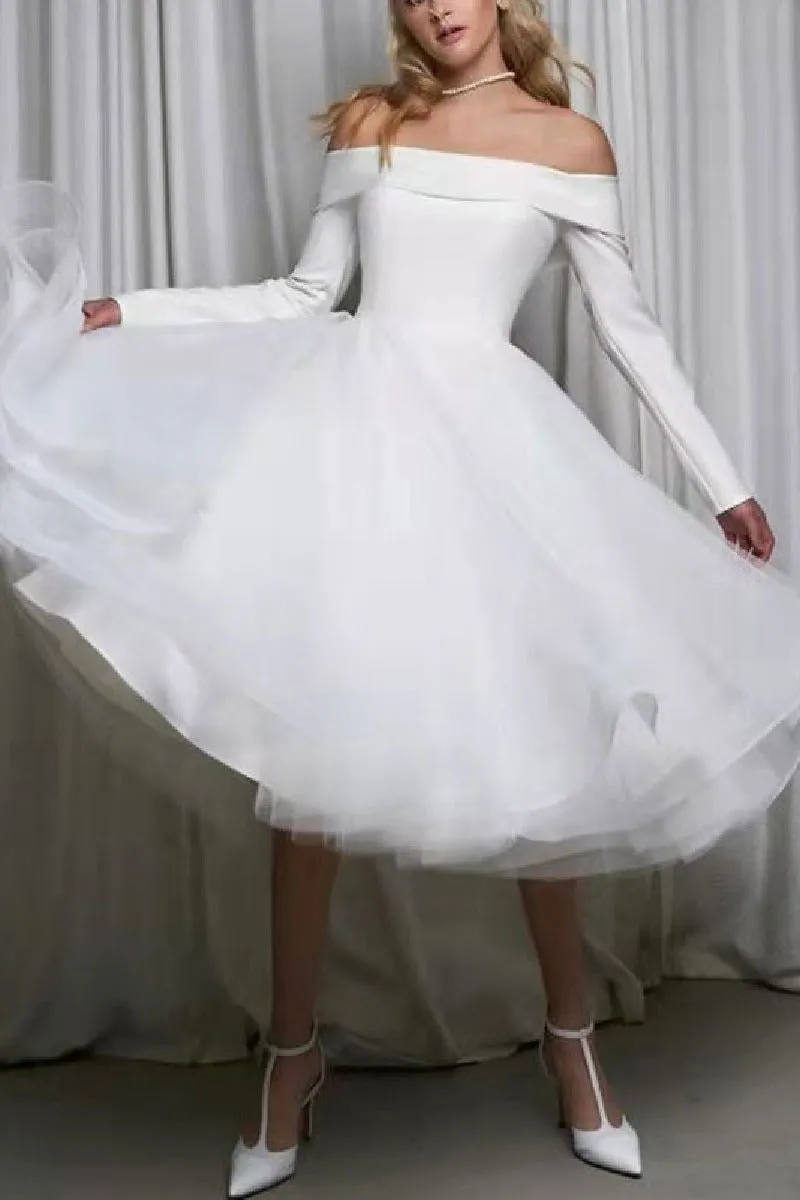 A-Line Tea Length Satin Tulle Little White Dress 100056 sold by Cocomelody