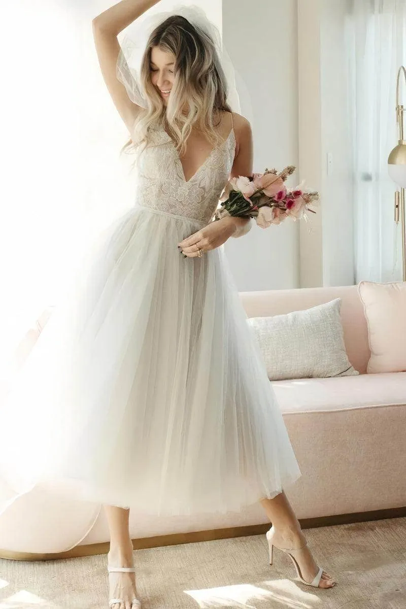 Boho Lace Tea-Length Backless Dress for Reception CW3396CR sold by Cocomelody