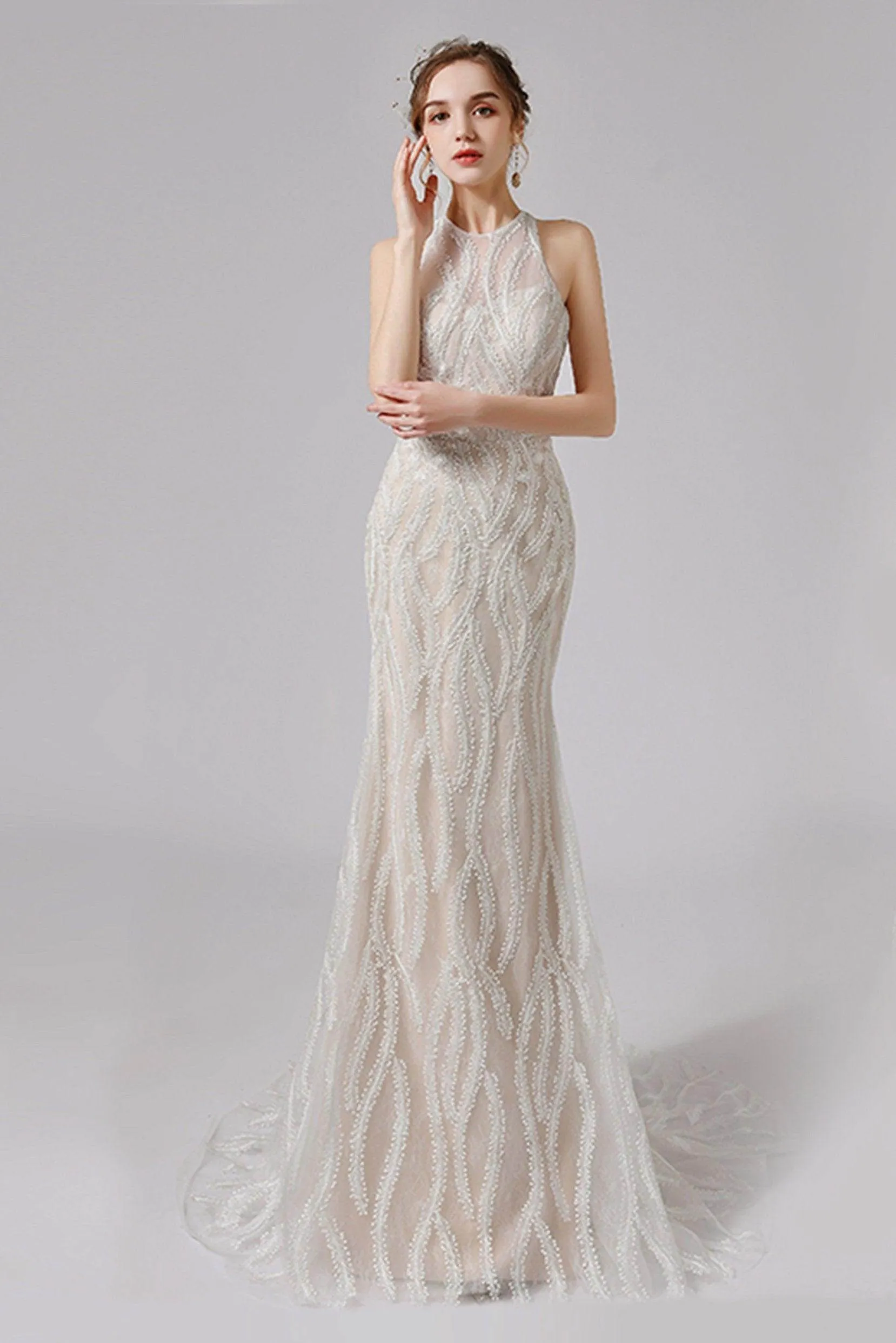 Trumpet-Mermaid Sweep-Brush Train Lace Wedding Dress CW2720CR sold by Cocomelody product image thumbnail 4