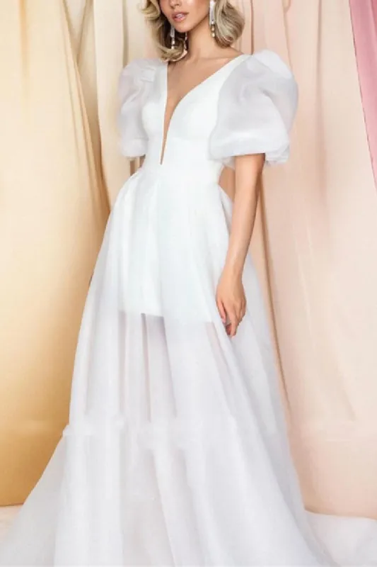 Two-Piece Sweep-Brush Train Satin Organza Little White Dress 100067 sold by Cocomelody