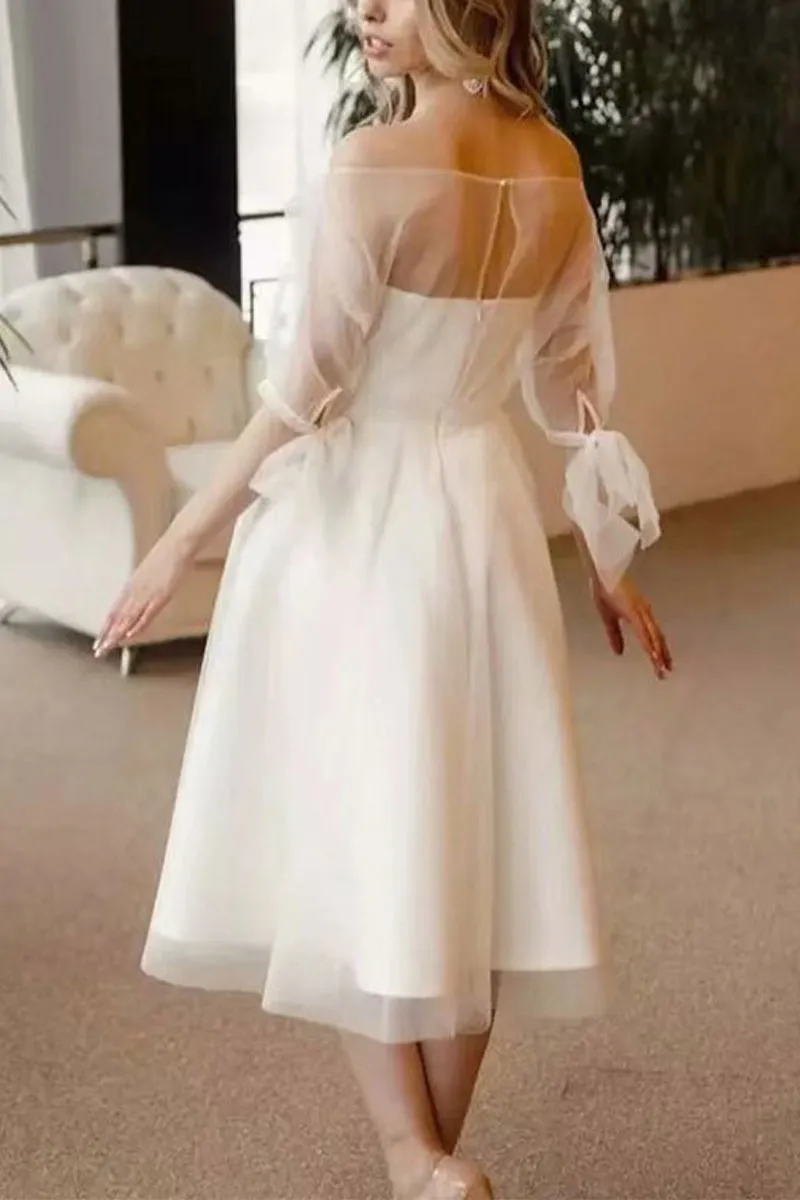 A-Line Tea Length Tulle Satin Little White Dress 100057 sold by Cocomelody product image thumbnail 2