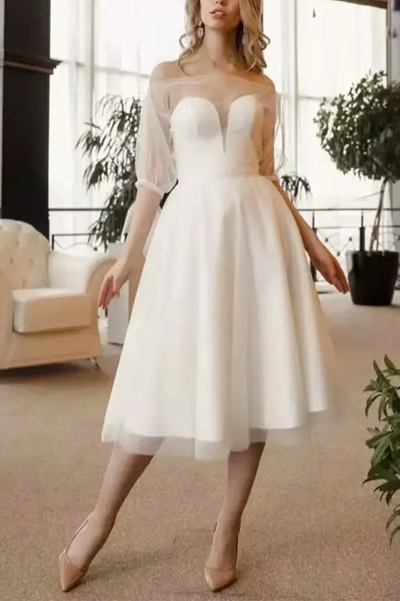 A-Line Tea Length Tulle Satin Little White Dress 100057 sold by Cocomelody