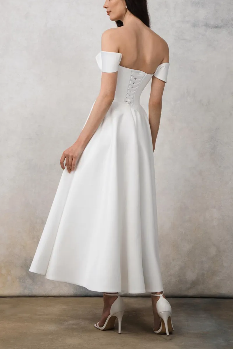 A-Line Tea Length Satin Little White Dress 100042 sold by Cocomelody product image thumbnail 2