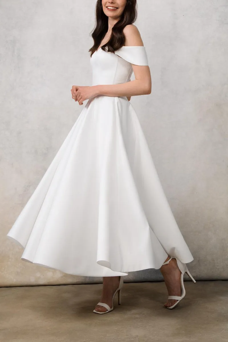 A-Line Tea Length Satin Little White Dress 100042 sold by Cocomelody