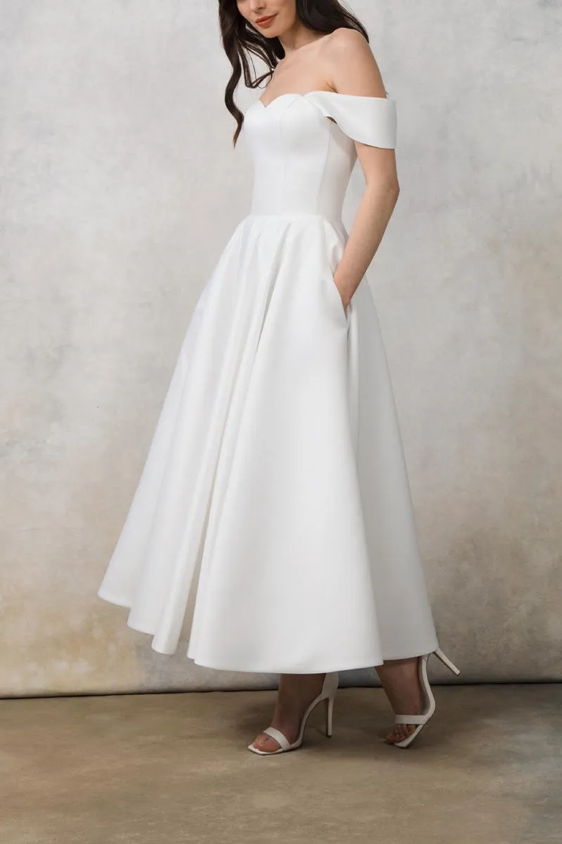 A-Line Tea Length Satin Little White Dress 100042 sold by Cocomelody product image thumbnail 3