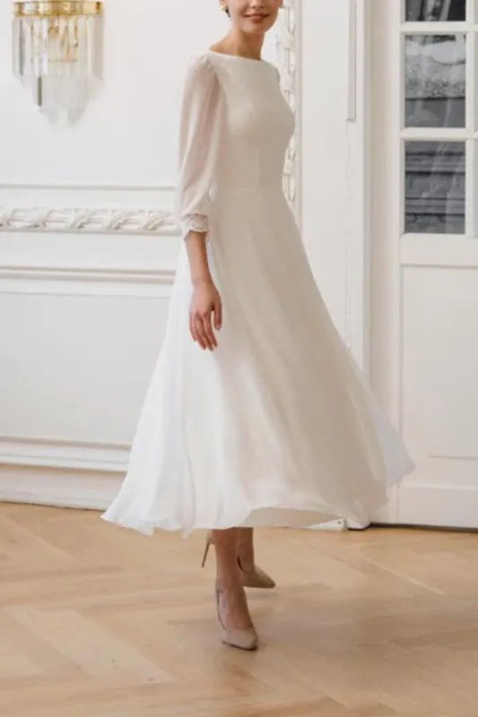 A-Line Tea Length Lace Chiffon Little White Dress 100041 sold by Cocomelody