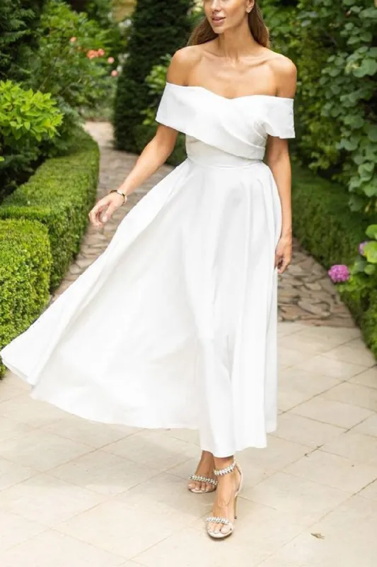 A-Line Tea Length Elastic Cloth Little White Dress 100037 sold by Cocomelody