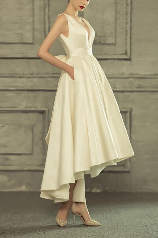A-Line High-Low Satin Little White Dress 100066 sold by Cocomelody