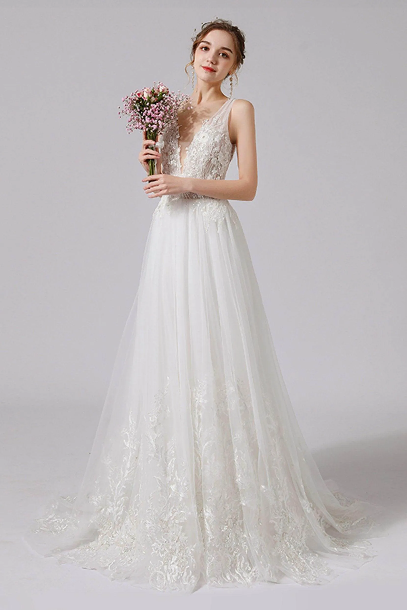A-Line Sweep-Brush Train Lace Tulle Wedding Dress CW2709CR sold by Cocomelody