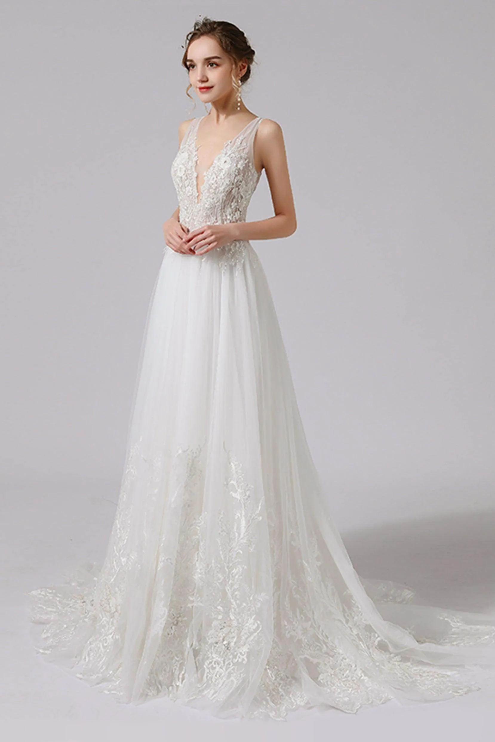 A-Line Sweep-Brush Train Lace Tulle Wedding Dress CW2709CR sold by Cocomelody product image thumbnail 4