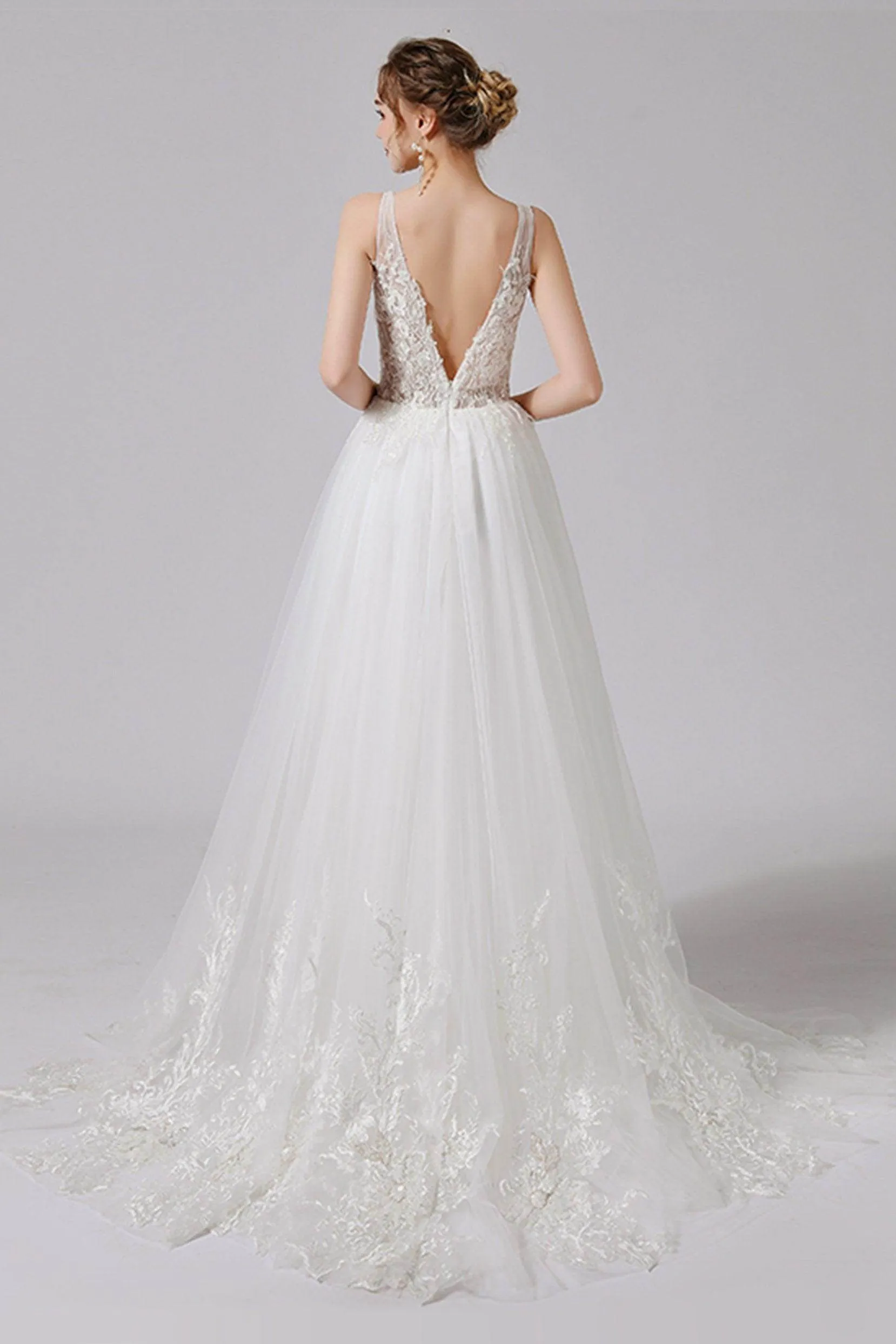 A-Line Sweep-Brush Train Lace Tulle Wedding Dress CW2709CR sold by Cocomelody product image thumbnail 2