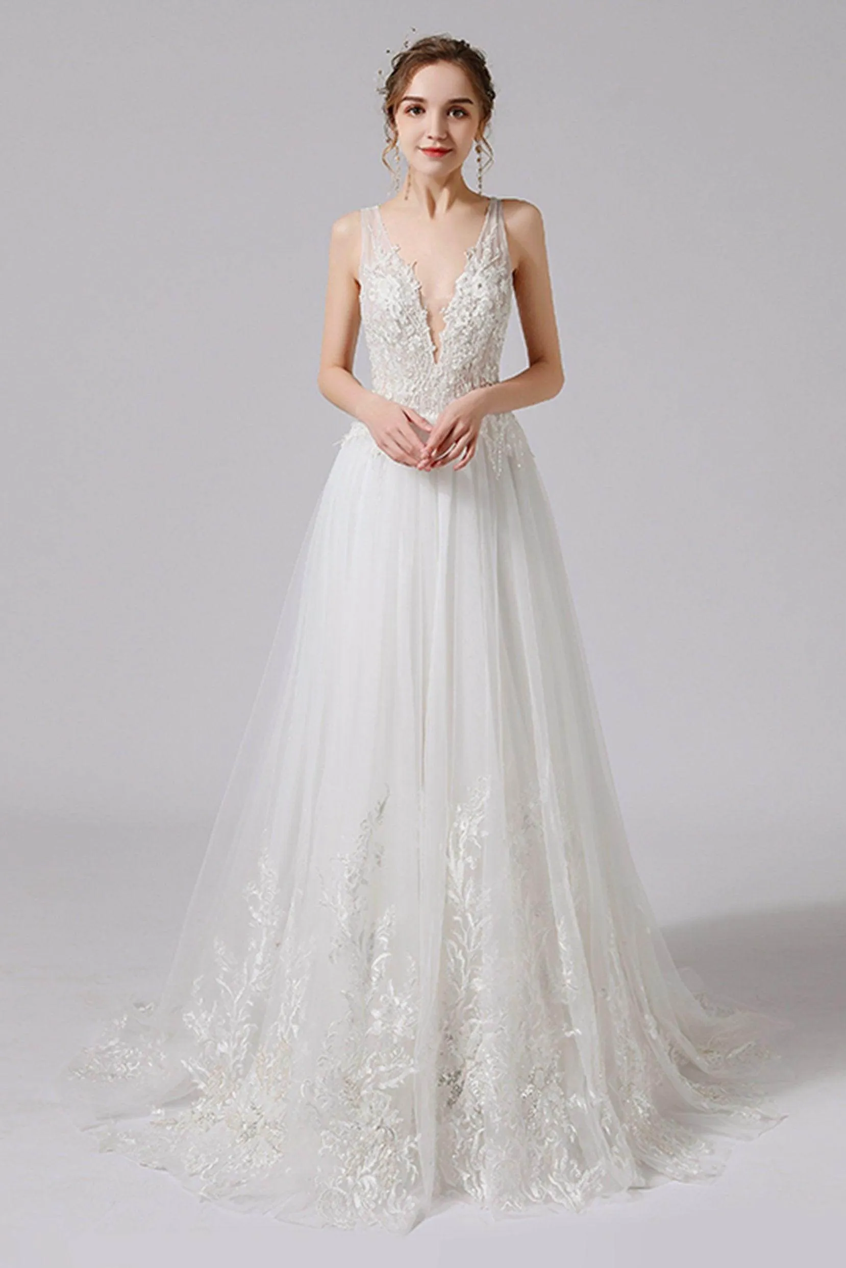 A-Line Sweep-Brush Train Lace Tulle Wedding Dress CW2709CR sold by Cocomelody product image thumbnail 3