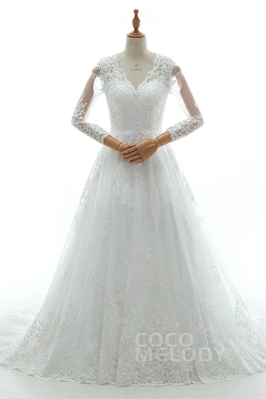 A-Line Court Train Tulle Lace and Satin Wedding Dress LD5731CR sold by Cocomelody