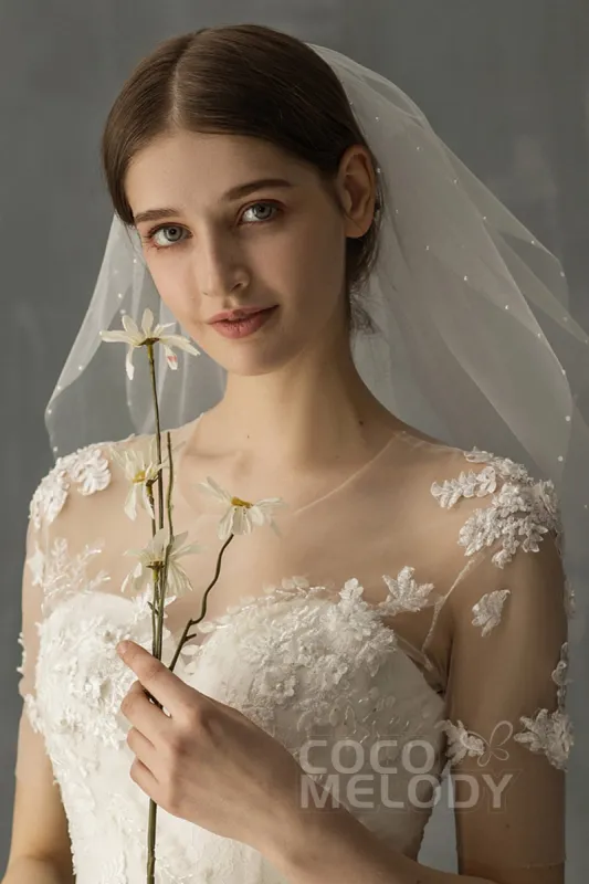 Two-tier Beaded Edge Voile Shoulder Veils Beading CV0220 sold by Cocomelody