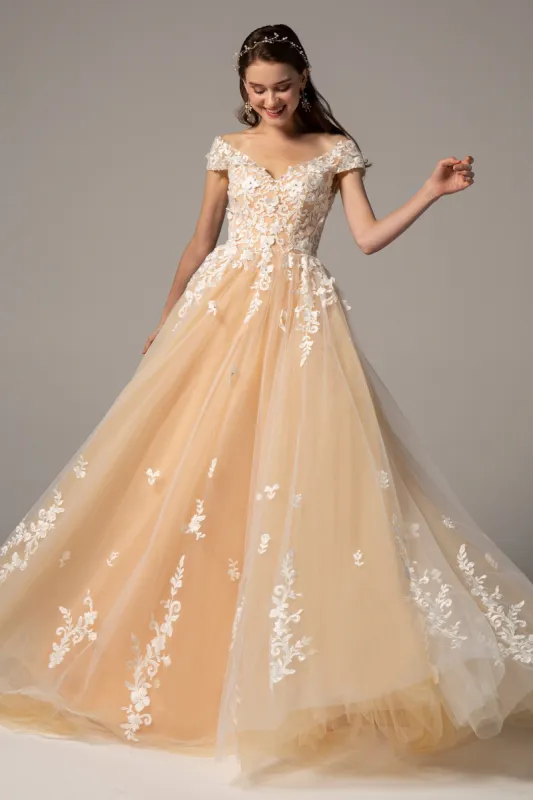 A-Line Court Train Tulle Elastic Satin Wedding Dress CW2327 sold by Cocomelody