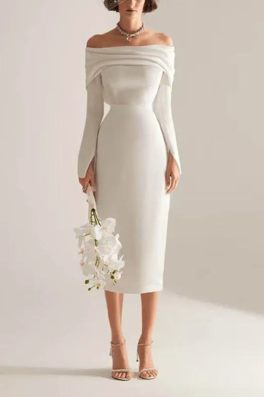 Sheath-Column Tea Length Elastic Cloth Little White Dress 100001 sold by Cocomelody