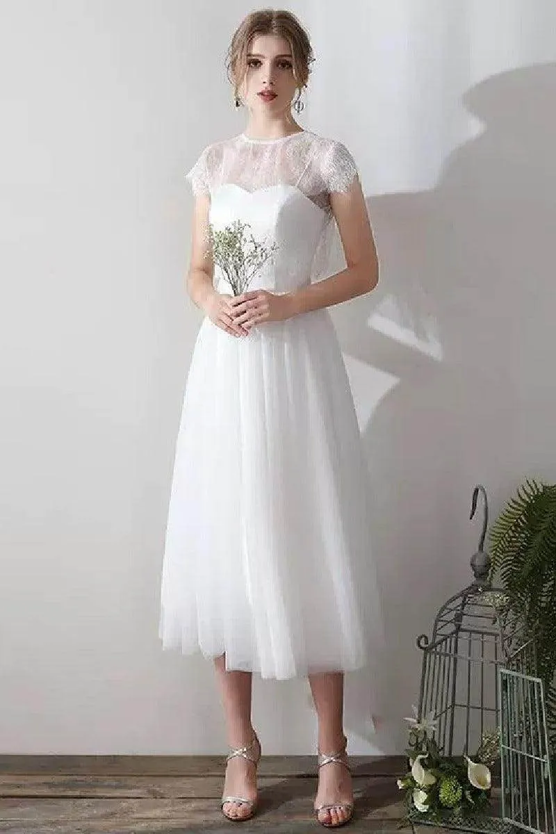 A-Line Tea Length Lace Tulle Wedding Dress 862471719437CR sold by Cocomelody