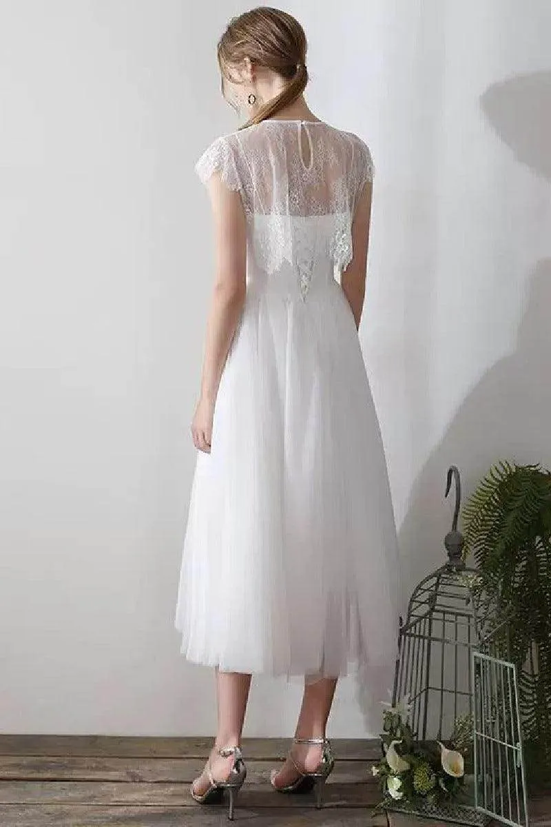 A-Line Tea Length Lace Tulle Wedding Dress 862471719437CR sold by Cocomelody product image thumbnail 2