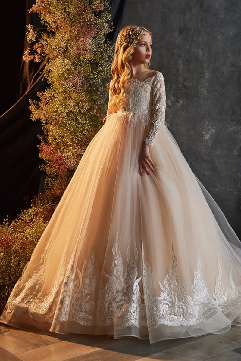 A-Line Illusion Long Sleeve Tulle Sweep-Brush Train Flower Girl Dresses 772649272412 sold by Cocomelody