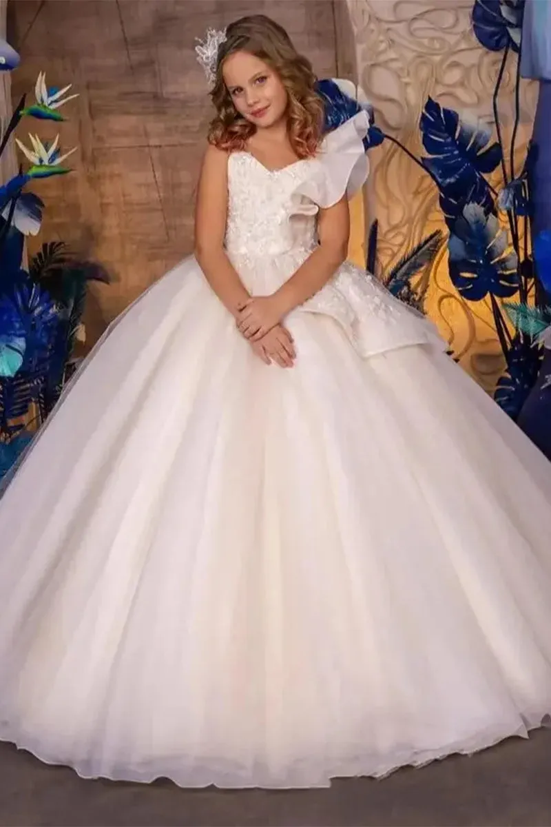 A-Line V-Neck Sleeveless Tulle Sweep-Brush Train Flower Girl Dresses 915121553468 sold by Cocomelody product image thumbnail 5