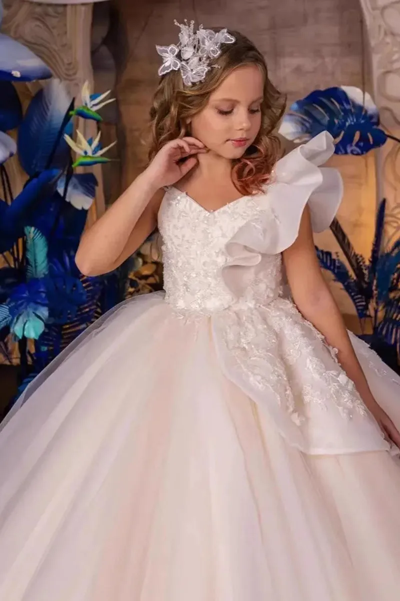 A-Line V-Neck Sleeveless Tulle Sweep-Brush Train Flower Girl Dresses 915121553468 sold by Cocomelody product image thumbnail 3