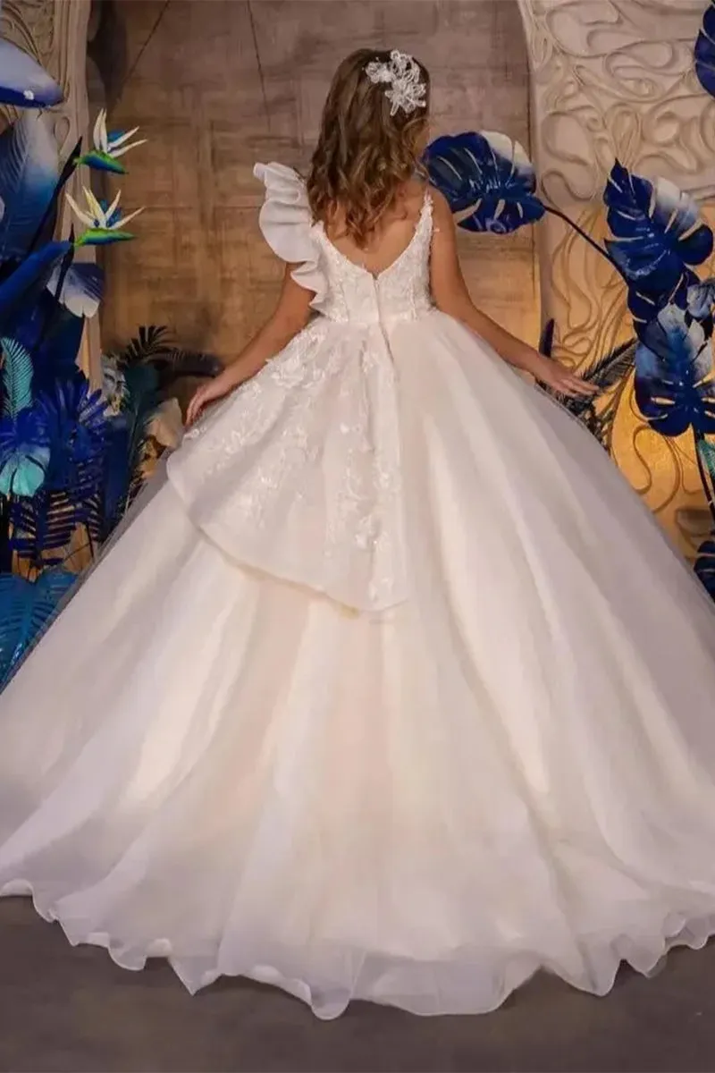 A-Line V-Neck Sleeveless Tulle Sweep-Brush Train Flower Girl Dresses 915121553468 sold by Cocomelody product image thumbnail 2