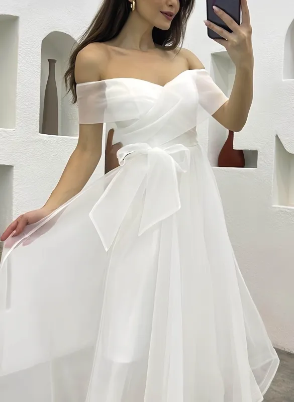 Off The Shoulder Organza Tea-Length Little White Dress CW3380 sold by Cocomelody