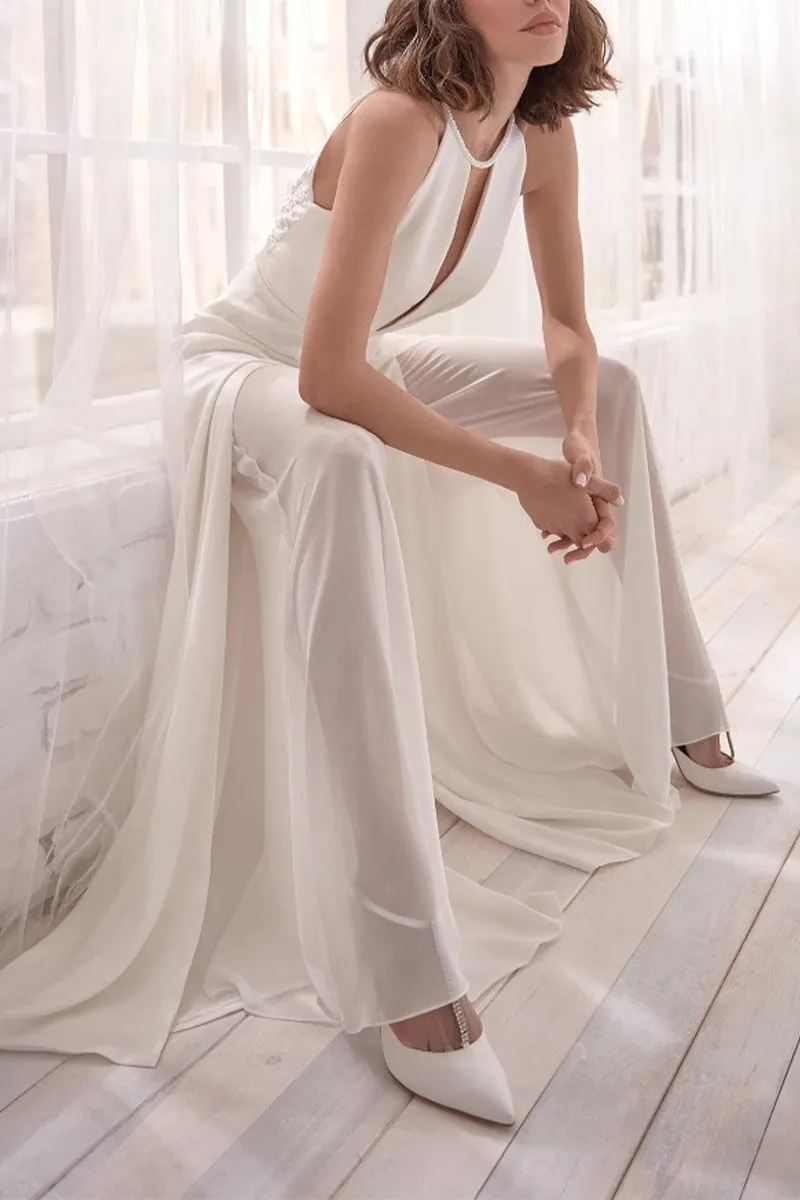 Halter Floor Length Chiffon Wedding Jumpsuit 938528175857 sold by Cocomelody product image thumbnail 4