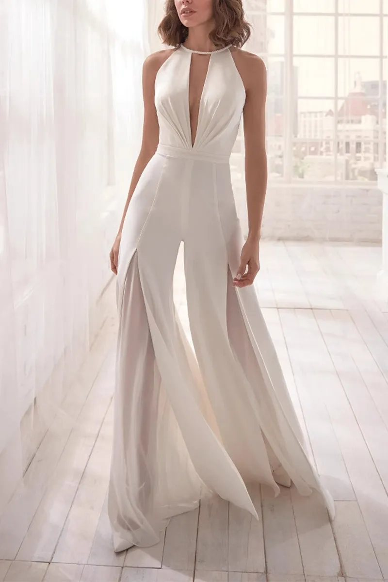 Halter Floor Length Chiffon Wedding Jumpsuit 938528175857 sold by Cocomelody