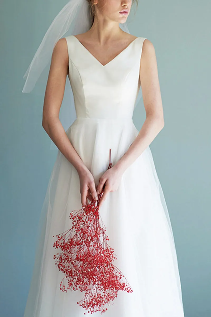 A-Line Tea Length Satin Tulle Little White Dress 615670129941 sold by Cocomelody product image thumbnail 4