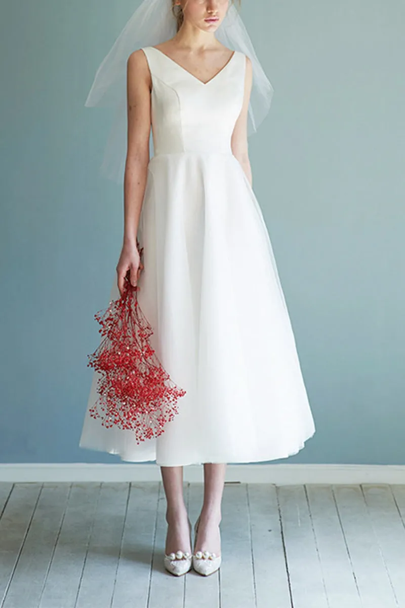 A-Line Tea Length Satin Tulle Little White Dress 615670129941 sold by Cocomelody