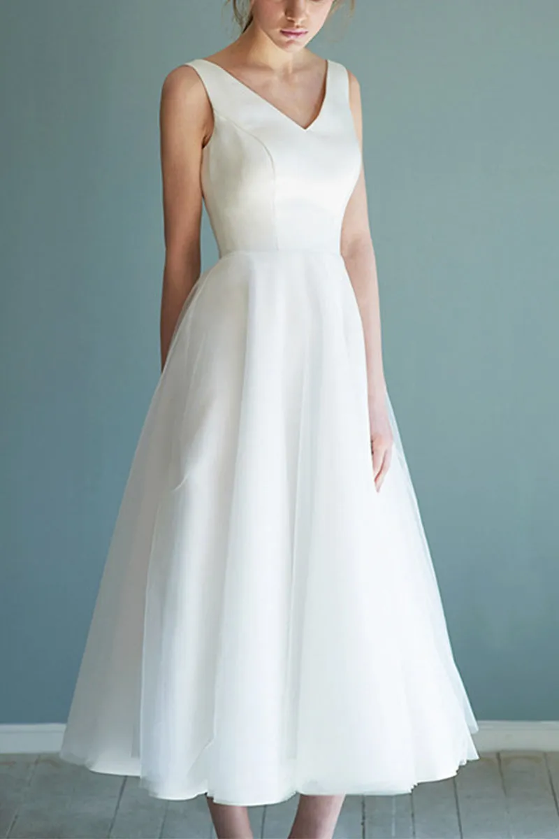A-Line Tea Length Satin Tulle Little White Dress 615670129941 sold by Cocomelody product image thumbnail 2