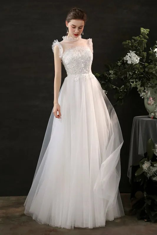 A-Line Sweep-Brush Train Lace Tulle Wedding Dress CW2701 sold by Cocomelody