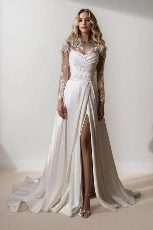 A-Line Sweep-Brush Train Lace Satin Wedding Dress CW3453CR sold by Cocomelody