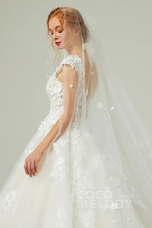 One-tier Cut Edge Tulle Chapel Veils Flower Pearls AV18018 sold by Cocomelody