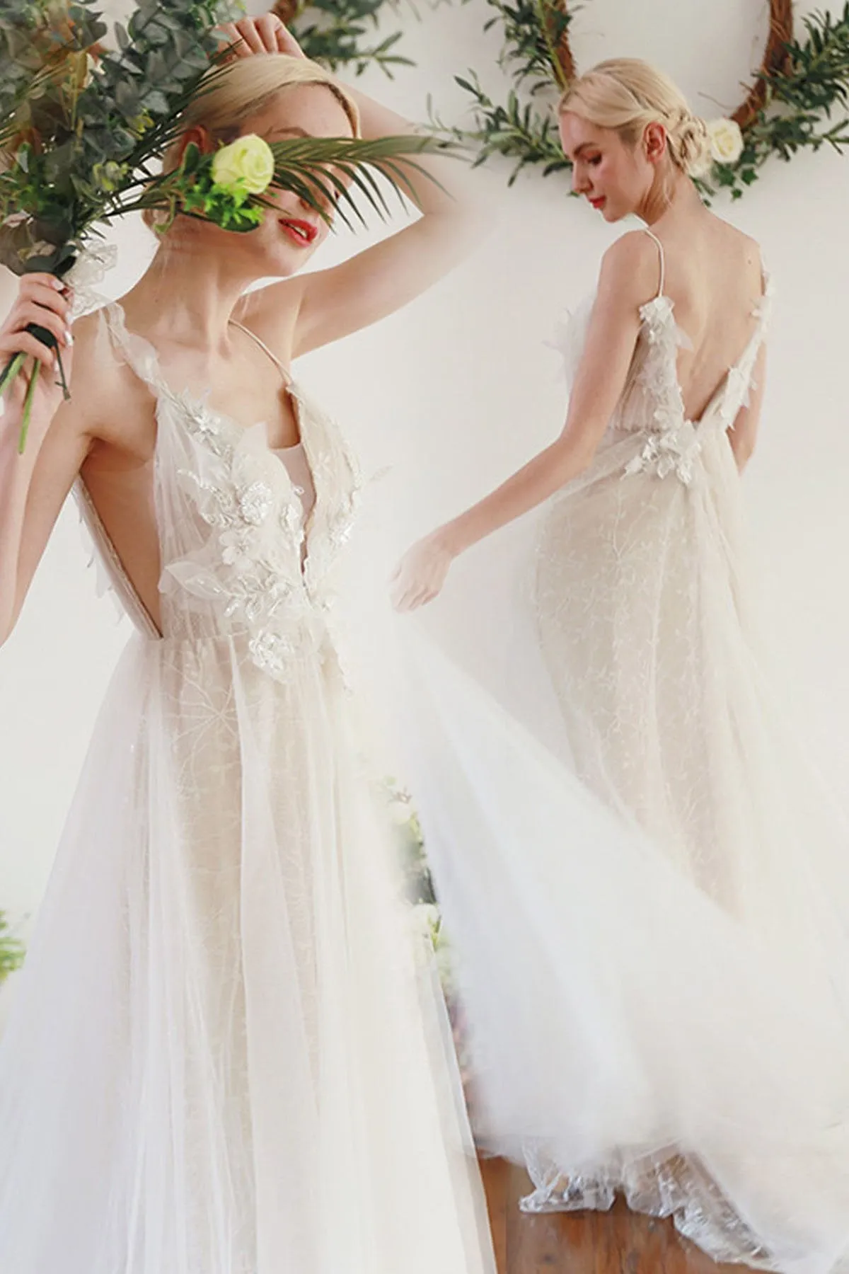 A-Line Sweep-Brush Train Lace Tulle Wedding Dress CW3046 sold by Cocomelody product image thumbnail 3