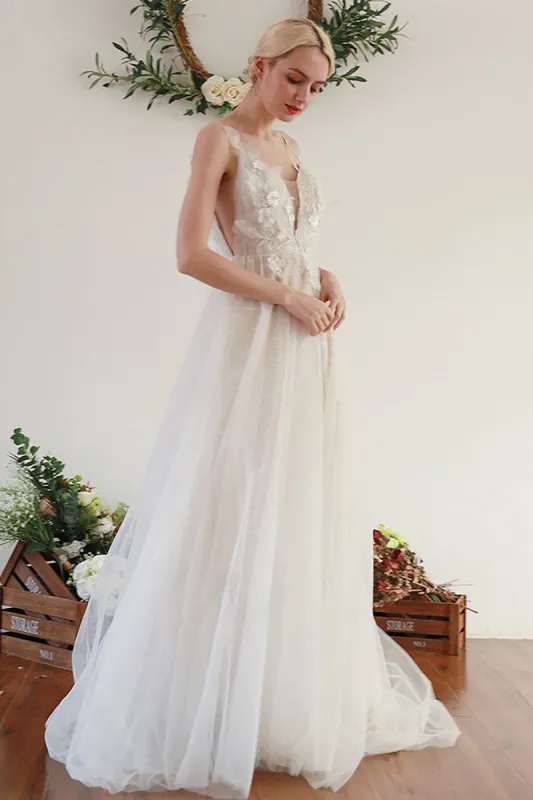 A-Line Sweep-Brush Train Lace Tulle Wedding Dress CW3046 sold by Cocomelody