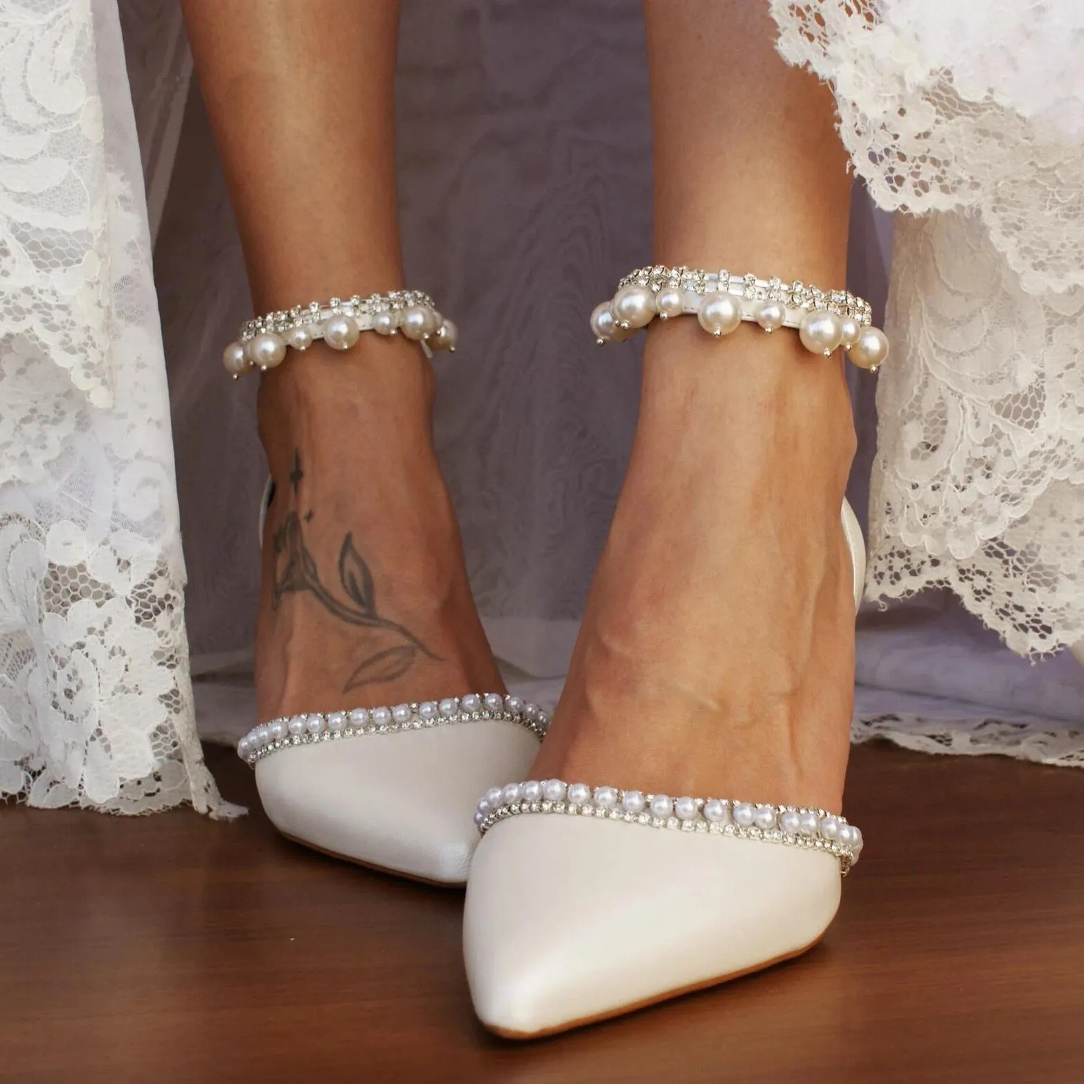 White Pearl Ankle Strap Pointy Block Heels 709119829327 sold by Cocomelody product image thumbnail 3