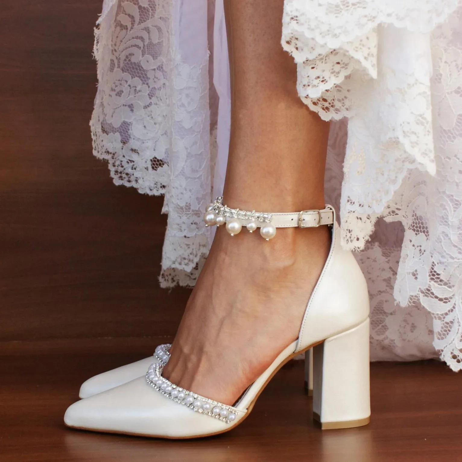 White Pearl Ankle Strap Pointy Block Heels 709119829327 sold by Cocomelody